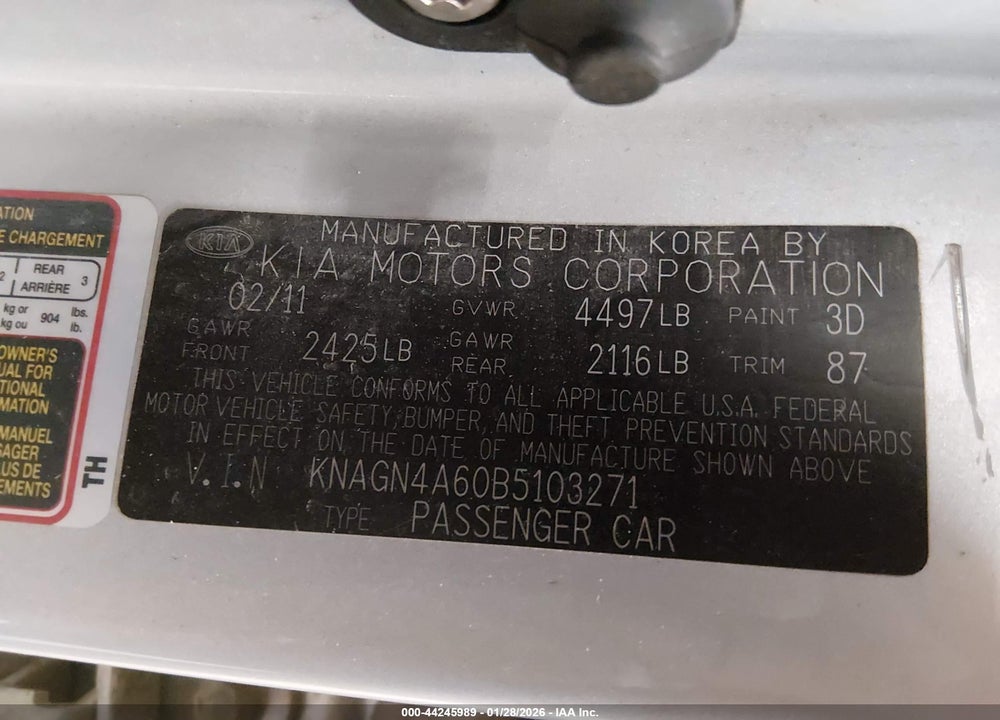 2011 KIA OPTIMA EX TURBO VIN: KNAGN4A60B5103271