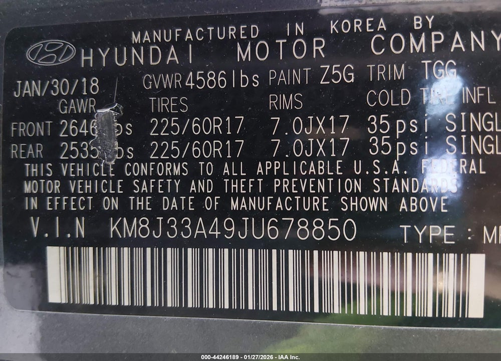 2018 HYUNDAI TUCSON SEL VIN: KM8J33A49JU678850