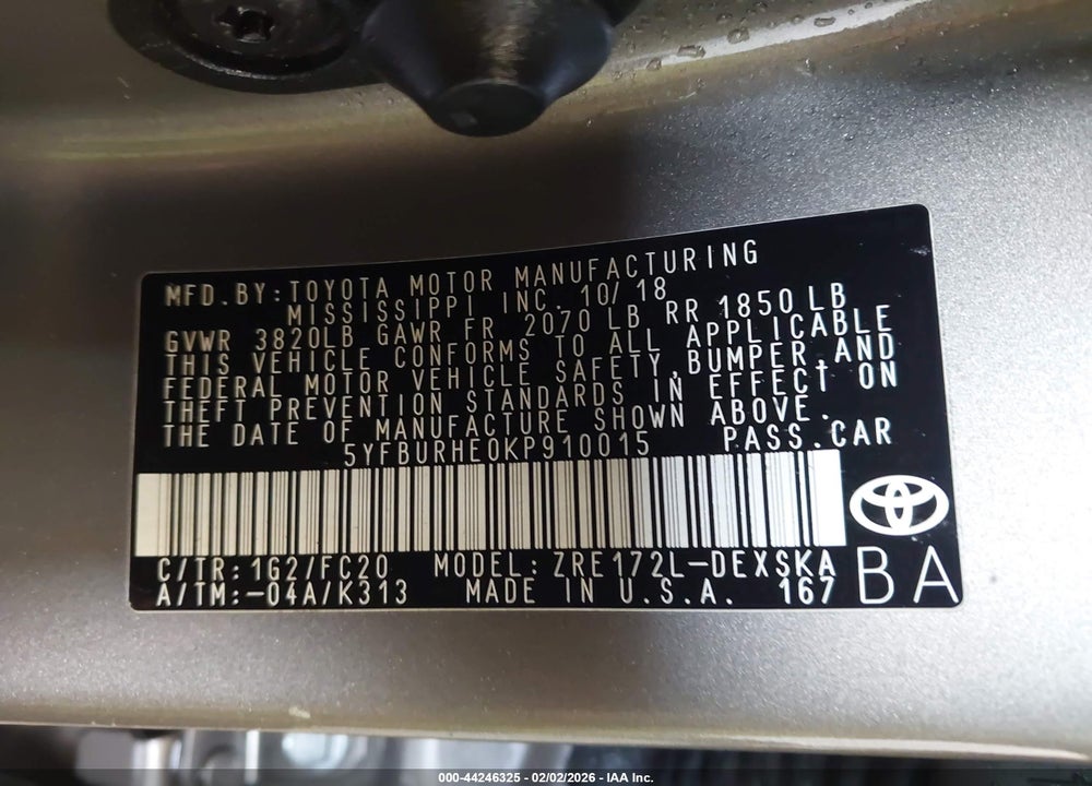 2019 TOYOTA COROLLA SE VIN: 5YFBURHE0KP910015