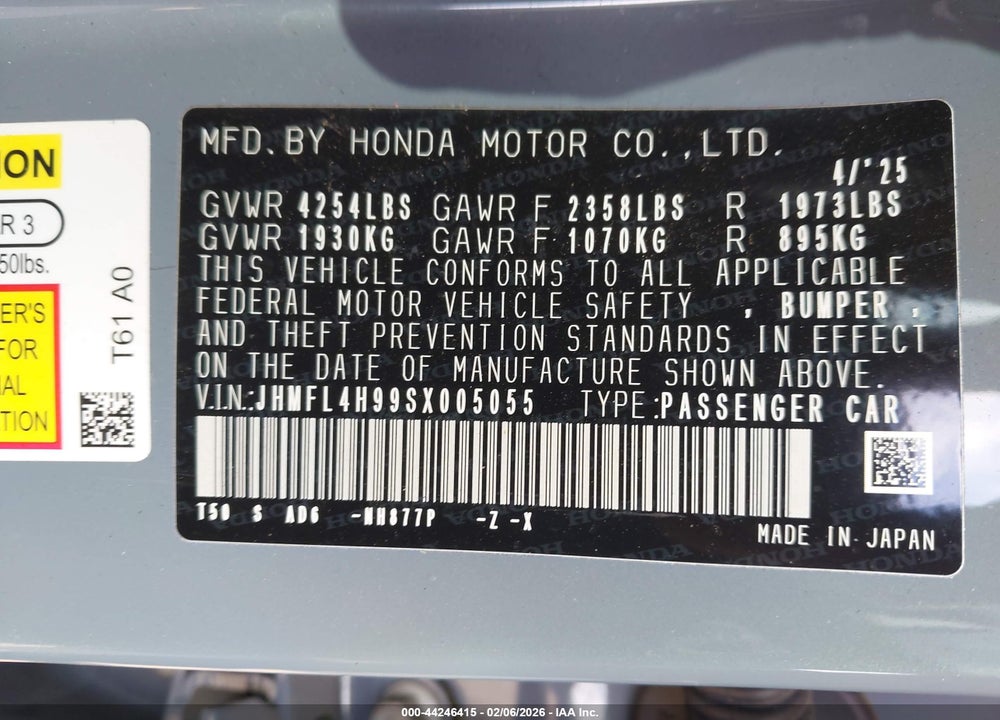 2025 HONDA CIVIC HYBRID SPORT TOURING VIN: JHMFL4H99SX005055