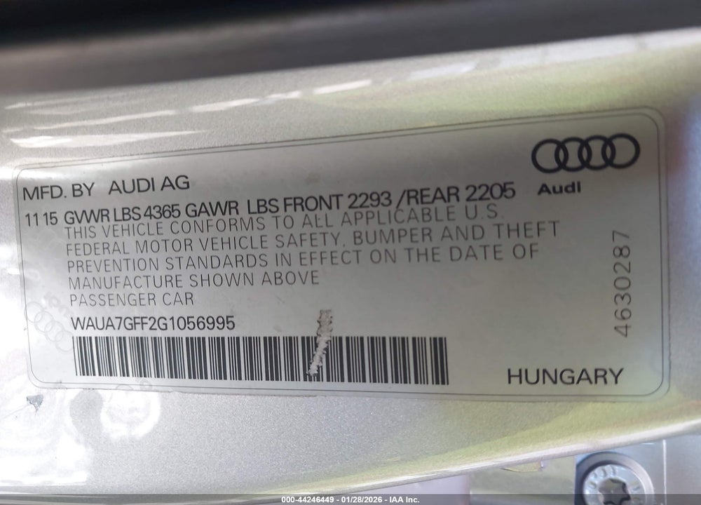 2016 AUDI A3 1.8T PREMIUM VIN: WAUA7GFF2G1056995