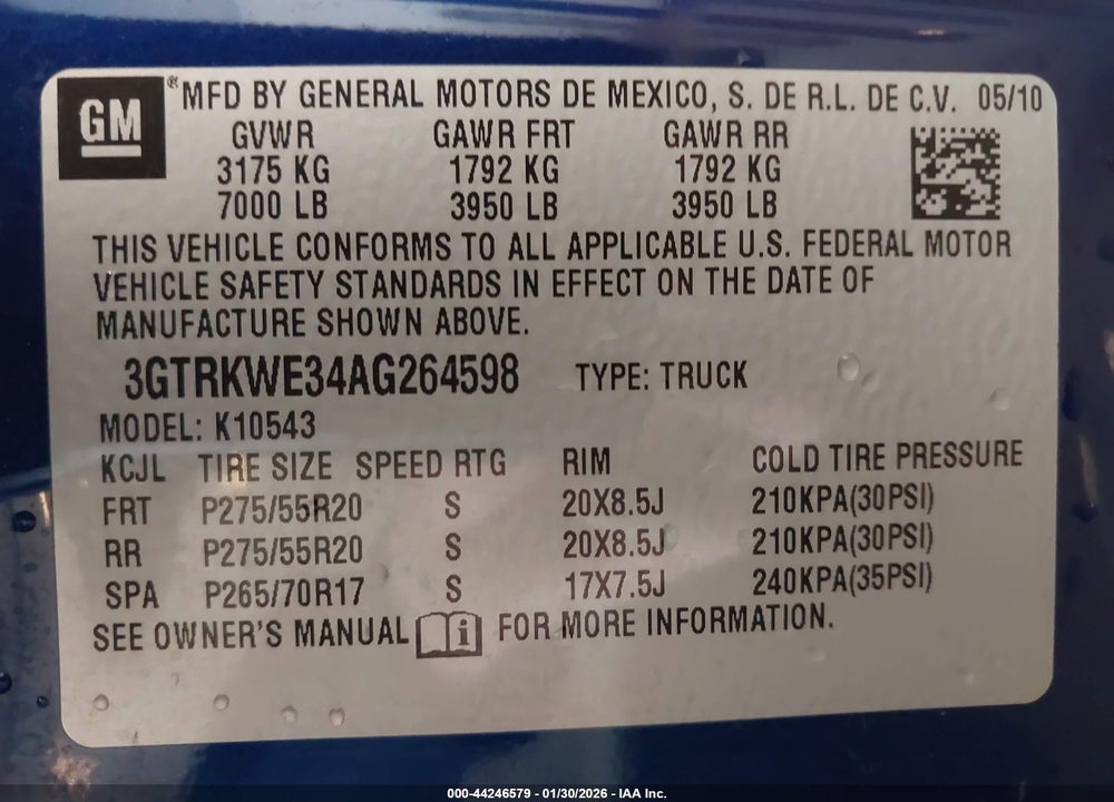 2010 GMC SIERRA 1500 SLT VIN: 3GTRKWE34AG264598