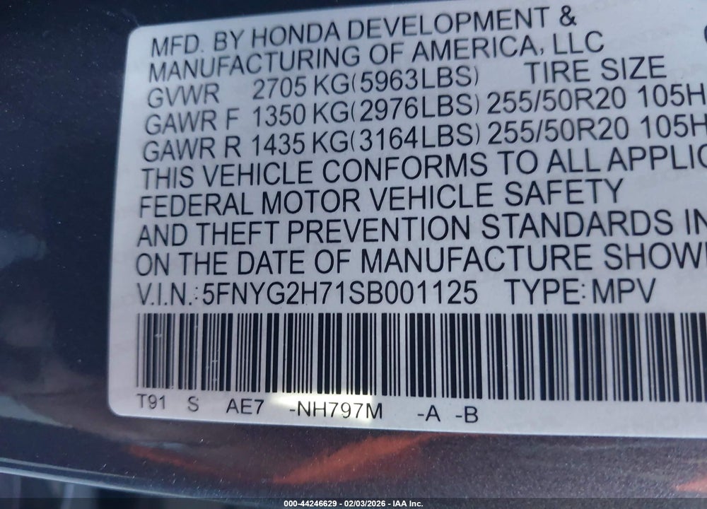 2025 HONDA PILOT TOURING VIN: 5FNYG2H71SB001125