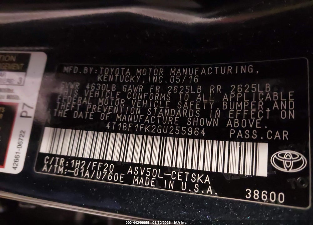 2016 TOYOTA CAMRY SE VIN: 4T1BF1FK2GU255964