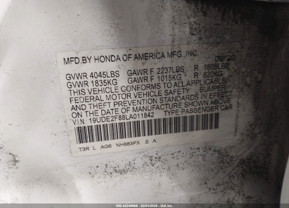 2020 ACURA ILX VIN: 19UDE2F88LA011842