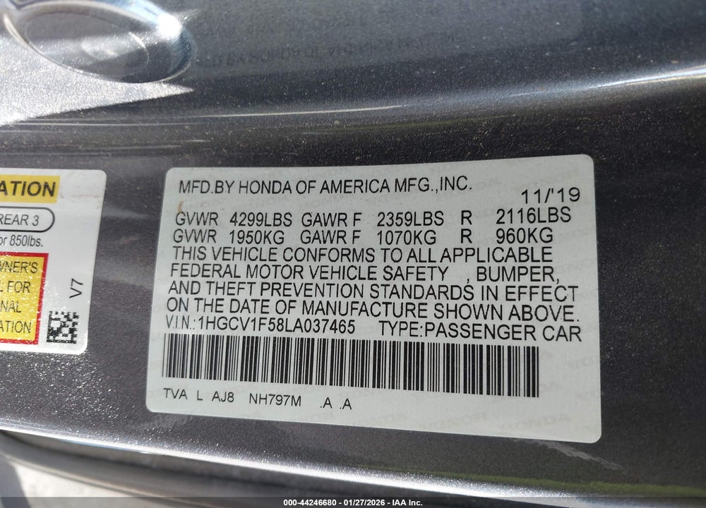 2020 HONDA ACCORD EX-L VIN: 1HGCV1F58LA037465