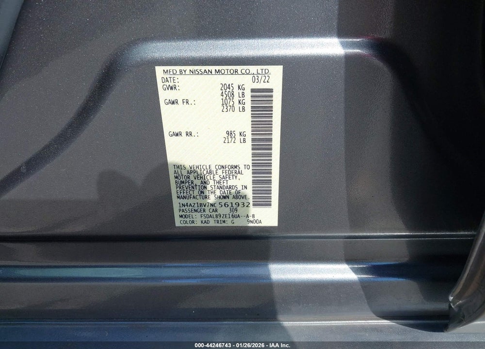2022 NISSAN LEAF S 40 KWH VIN: 1N4AZ1BV7NC561932