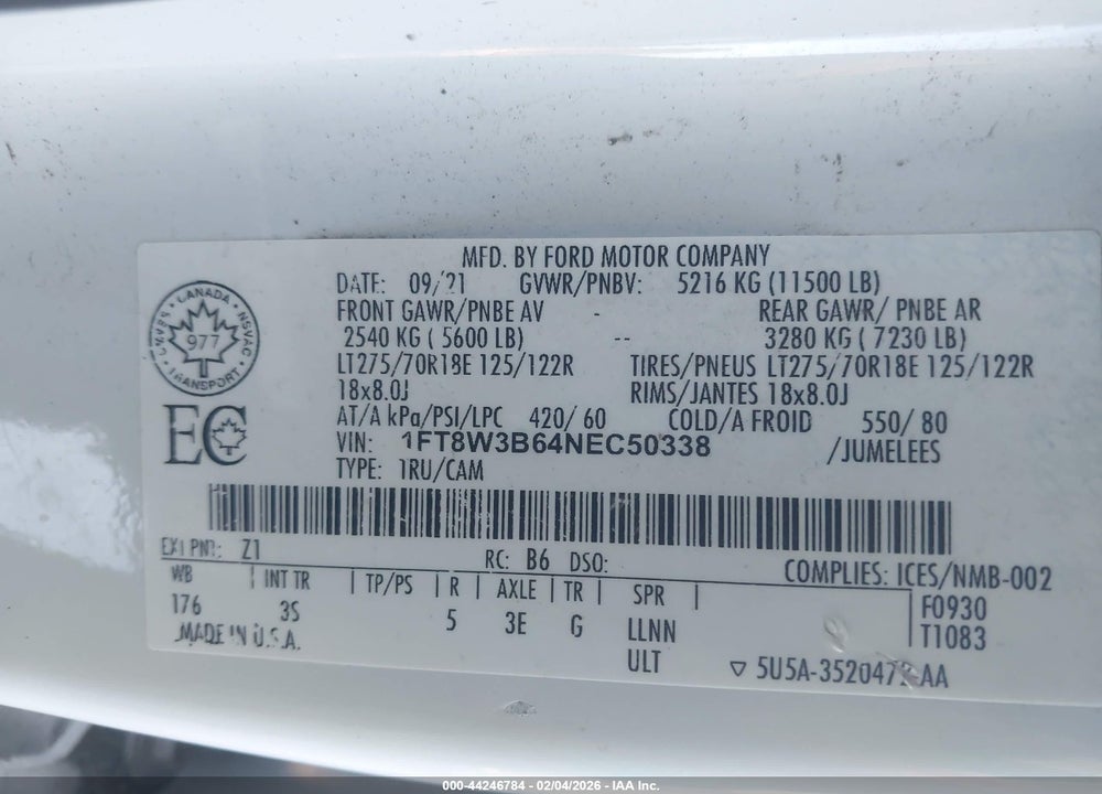 2022 FORD F-350 XLT VIN: 1FT8W3B64NEC50338