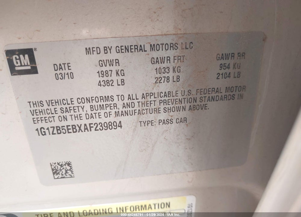 2010 CHEVROLET MALIBU LS VIN: 1G1ZB5EBXAF239894