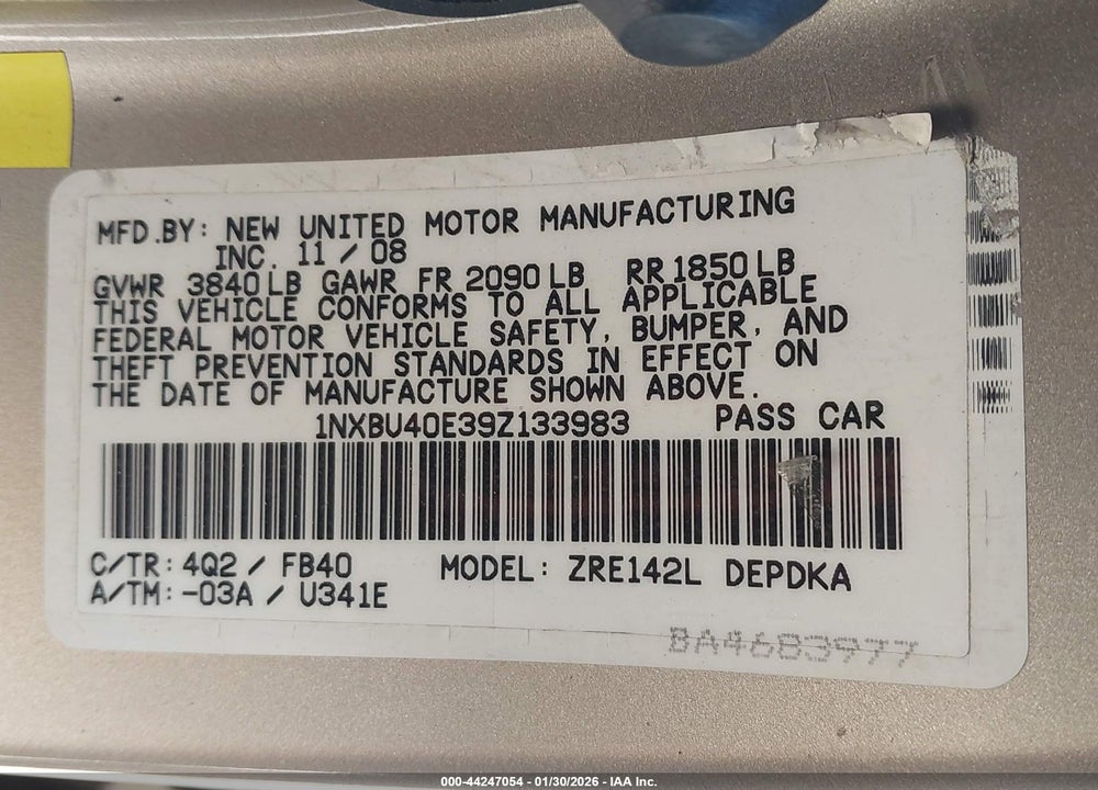 2009 TOYOTA COROLLA LE VIN: 1NXBU40E39Z133983