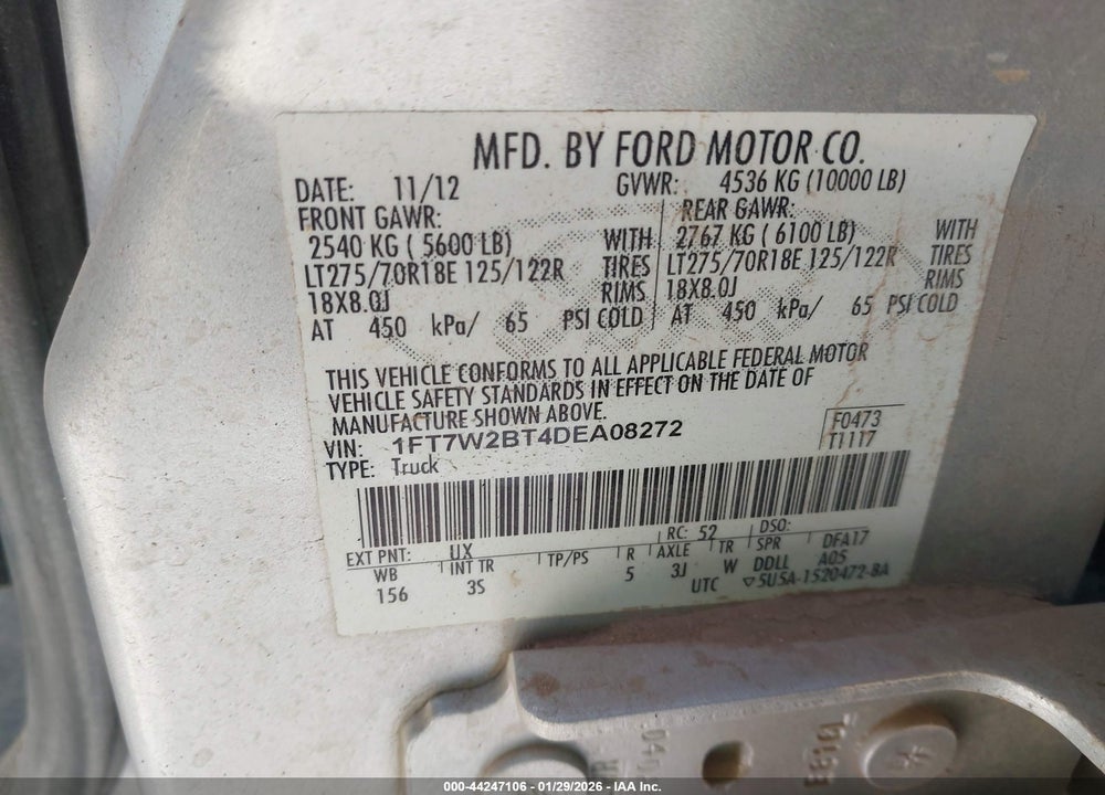 2013 FORD F-250 XLT VIN: 1FT7W2BT4DEA08272