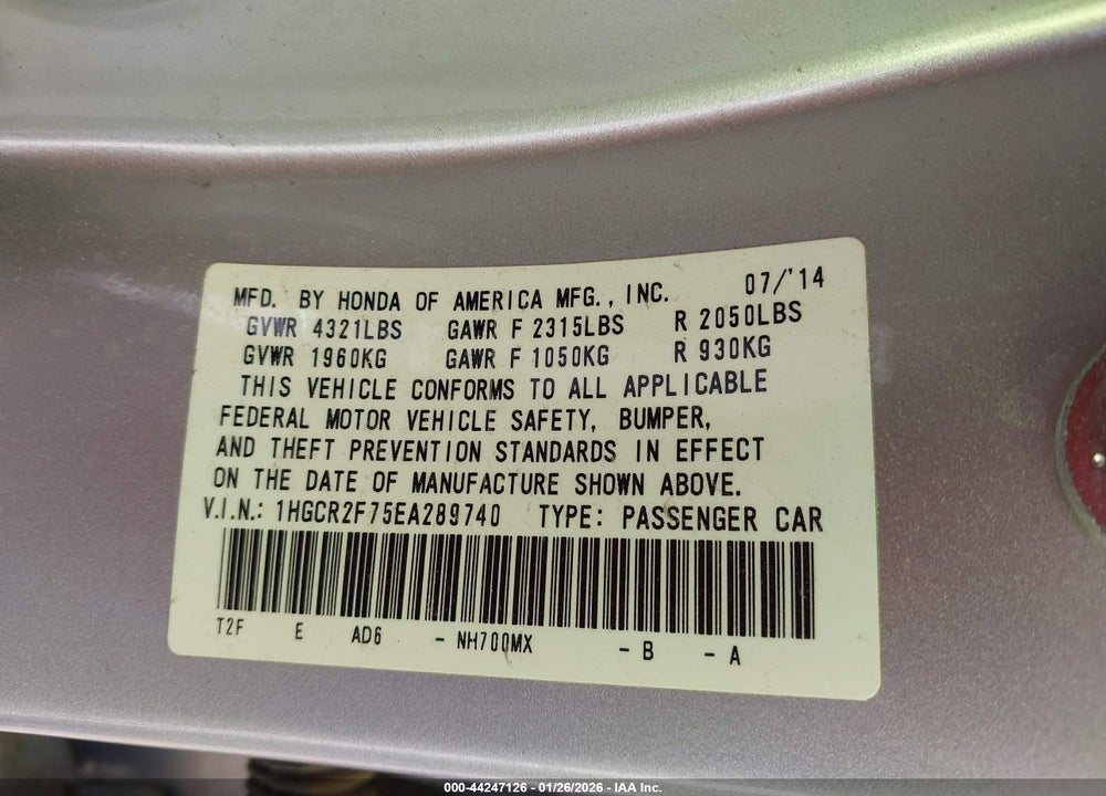 2014 HONDA ACCORD EX VIN: 1HGCR2F75EA289740