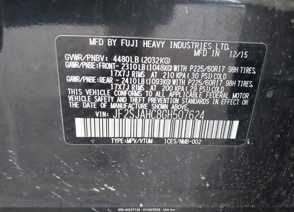2016 SUBARU FORESTER 2.5I LIMITED VIN: JF2SJAHC8GH507624
