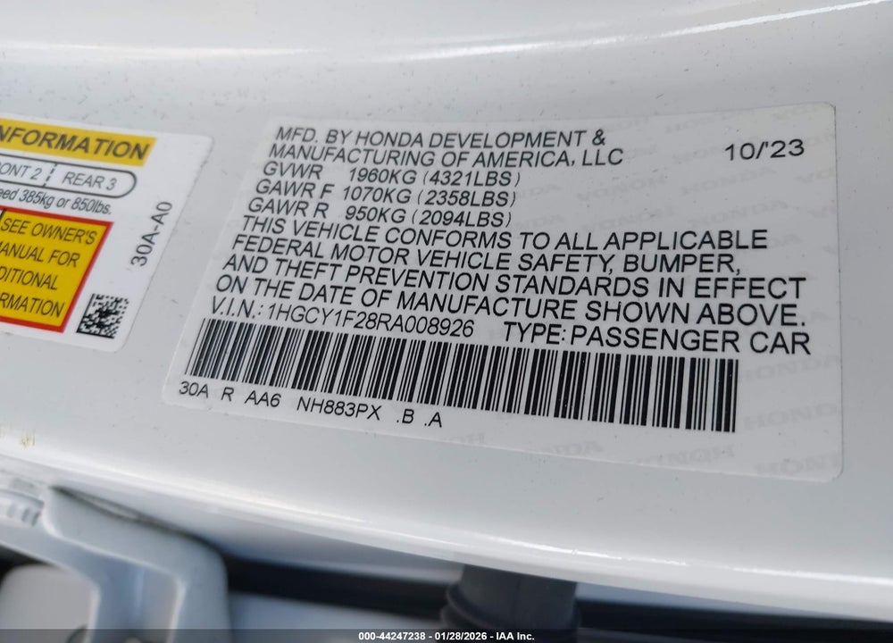 2024 HONDA ACCORD LX VIN: 1HGCY1F28RA008926
