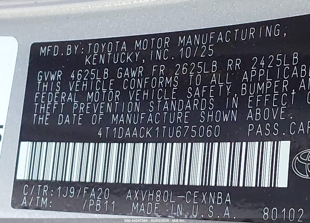 2026 TOYOTA CAMRY LE VIN: 4T1DAACK1TU675060