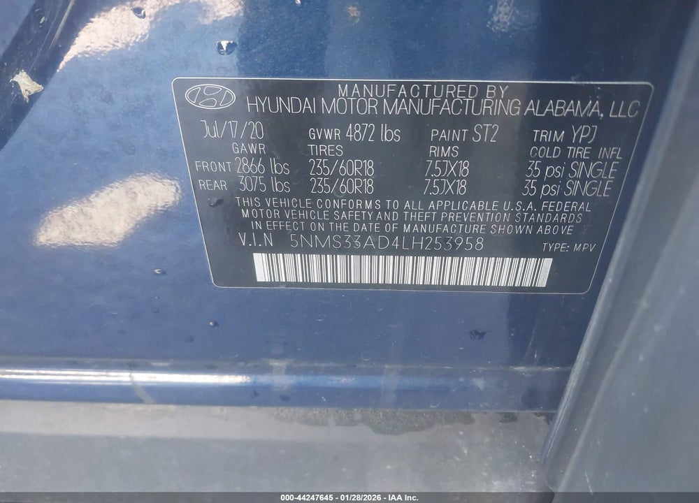 2020 HYUNDAI SANTA FE SEL VIN: 5NMS33AD4LH253958
