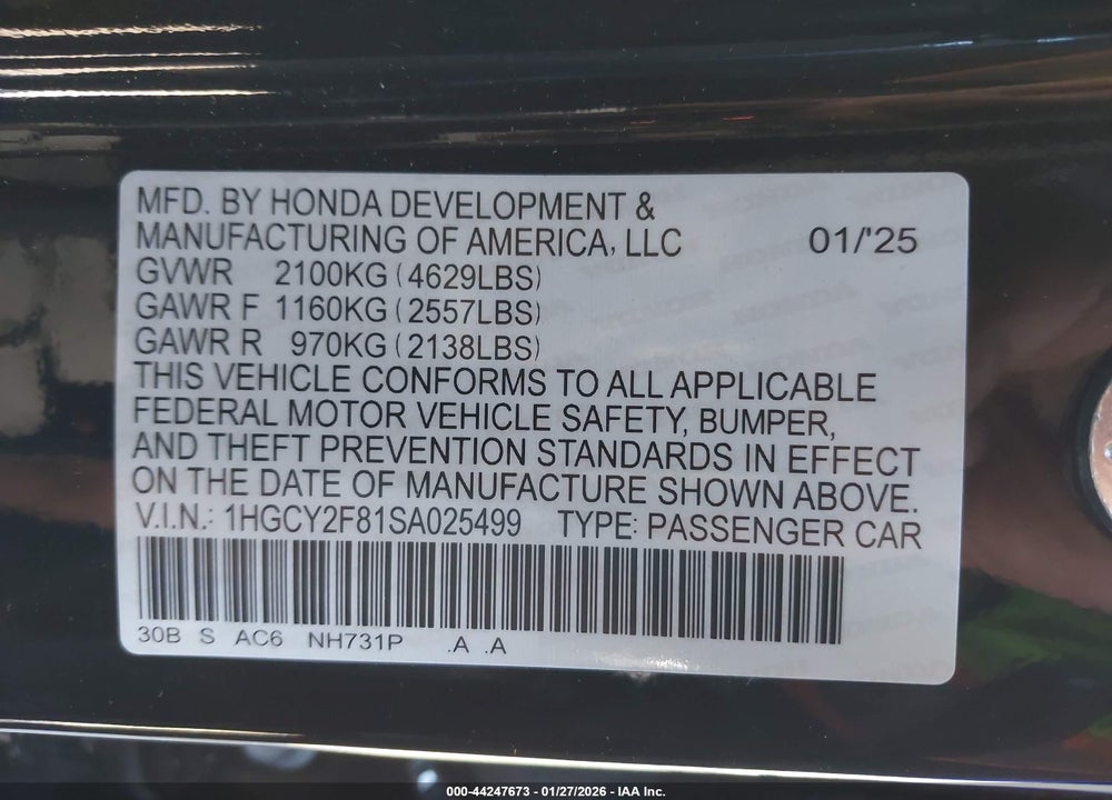 2025 HONDA ACCORD HYBRID TOURING VIN: 1HGCY2F81SA025499
