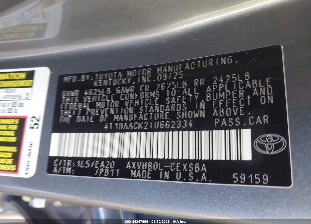 2026 TOYOTA CAMRY SE VIN: 4T1DAACK2TU662334