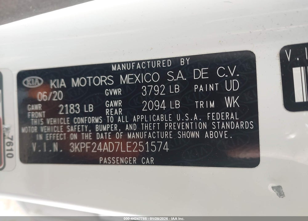 2020 KIA FORTE LXS VIN: 3KPF24AD7LE251574