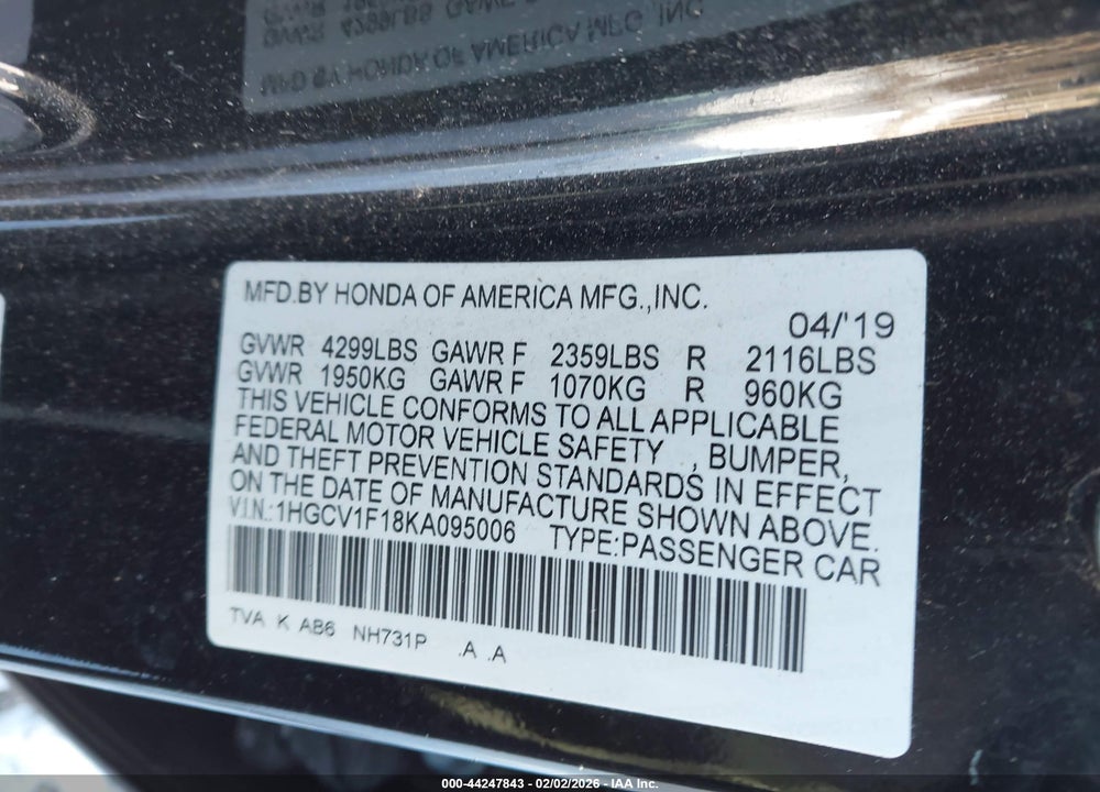 2019 HONDA ACCORD LX VIN: 1HGCV1F18KA095006