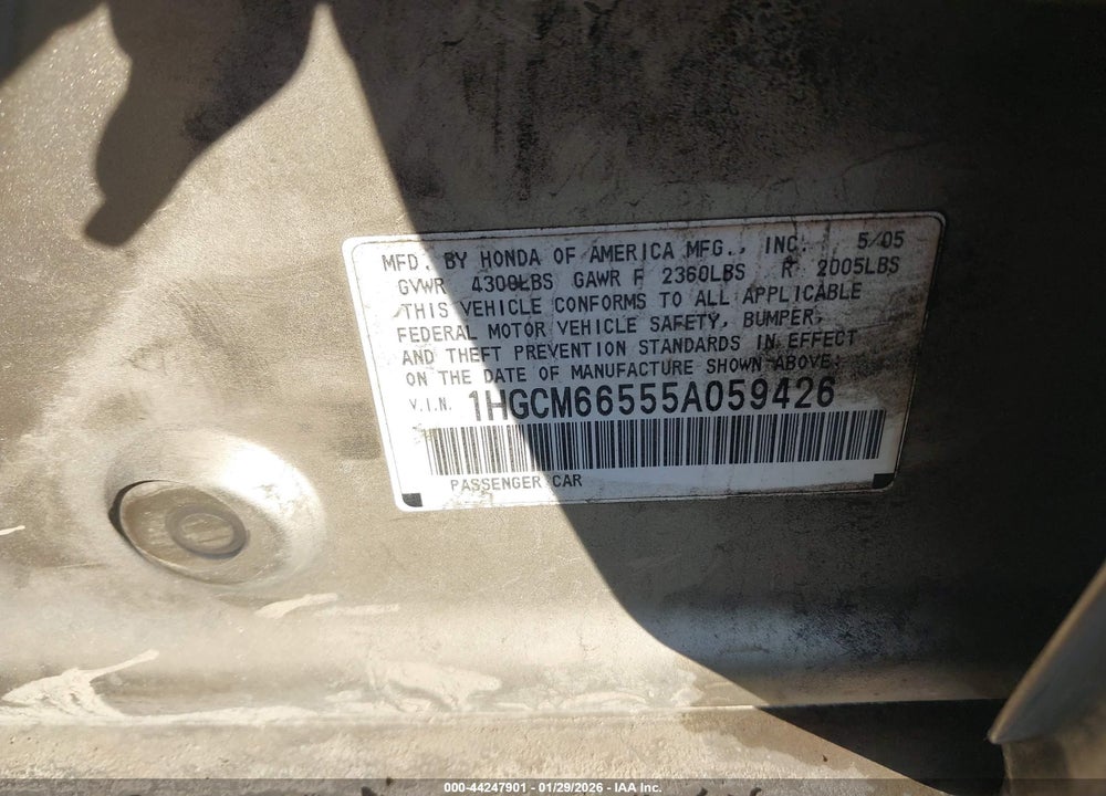 2005 HONDA ACCORD 3.0 EX VIN: 1HGCM66555A059426