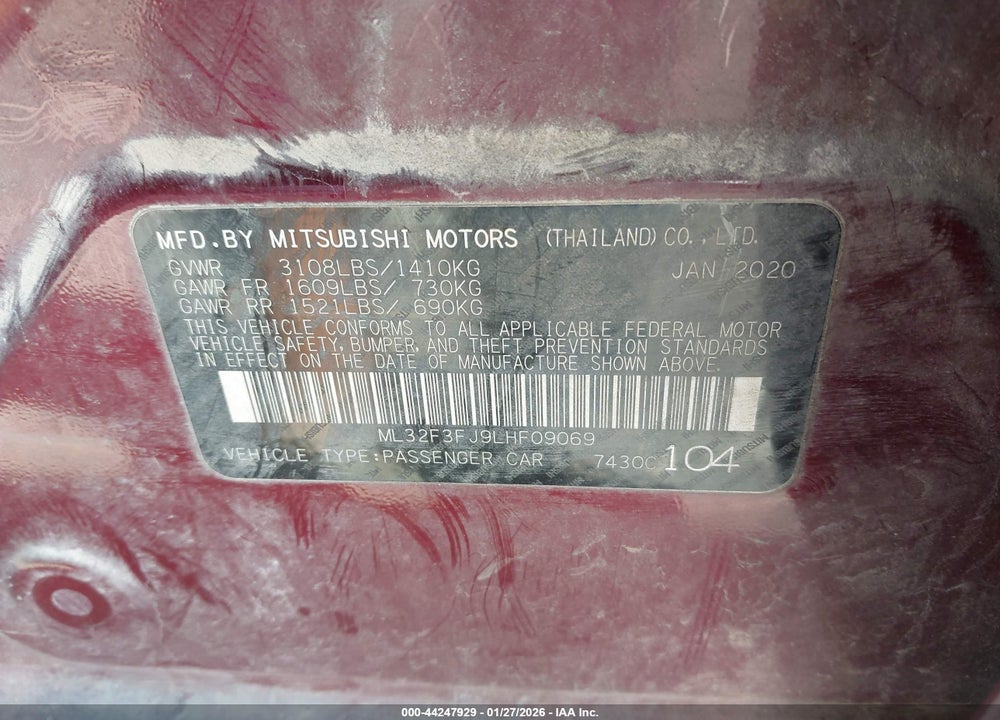 2020 MITSUBISHI MIRAGE G4 ES VIN: ML32F3FJ9LHF09069