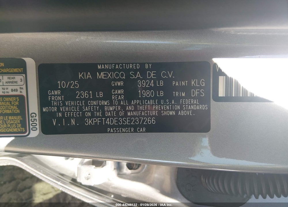 2025 KIA K4 LXS VIN: 3KPFT4DE3SE237266