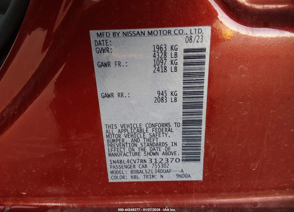 2024 NISSAN ALTIMA SR FWD VIN: 1N4BL4CV7RN312370
