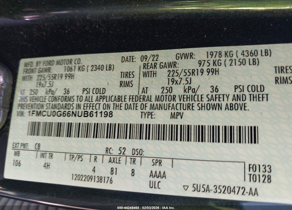 2022 FORD ESCAPE SE VIN: 1FMCU0G66NUB61198