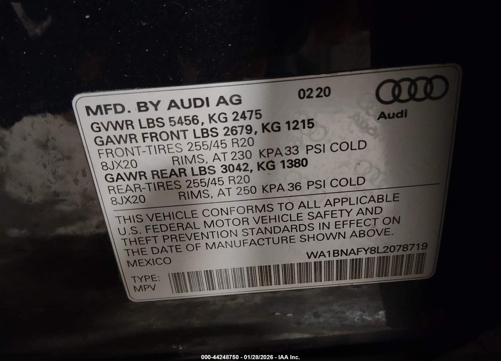 2020 AUDI Q5 PREMIUM PLUS 45 TFSI QUATTRO S TRONIC VIN: WA1BNAFY8L2078719