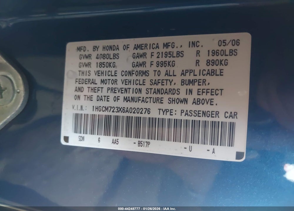2006 HONDA ACCORD 2.4 LX VIN: 1HGCM723X6A020276