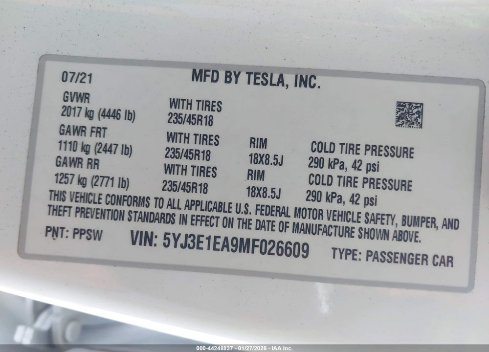 2021 TESLA MODEL 3 STANDARD RANGE PLUS REAR-WHEEL DRIVE VIN: 5YJ3E1EA9MF026609