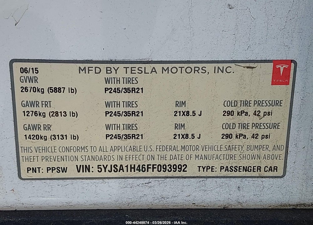 2015 TESLA MODEL S 85D/P85D/90D/P90D VIN: 5YJSA1H46FF093992