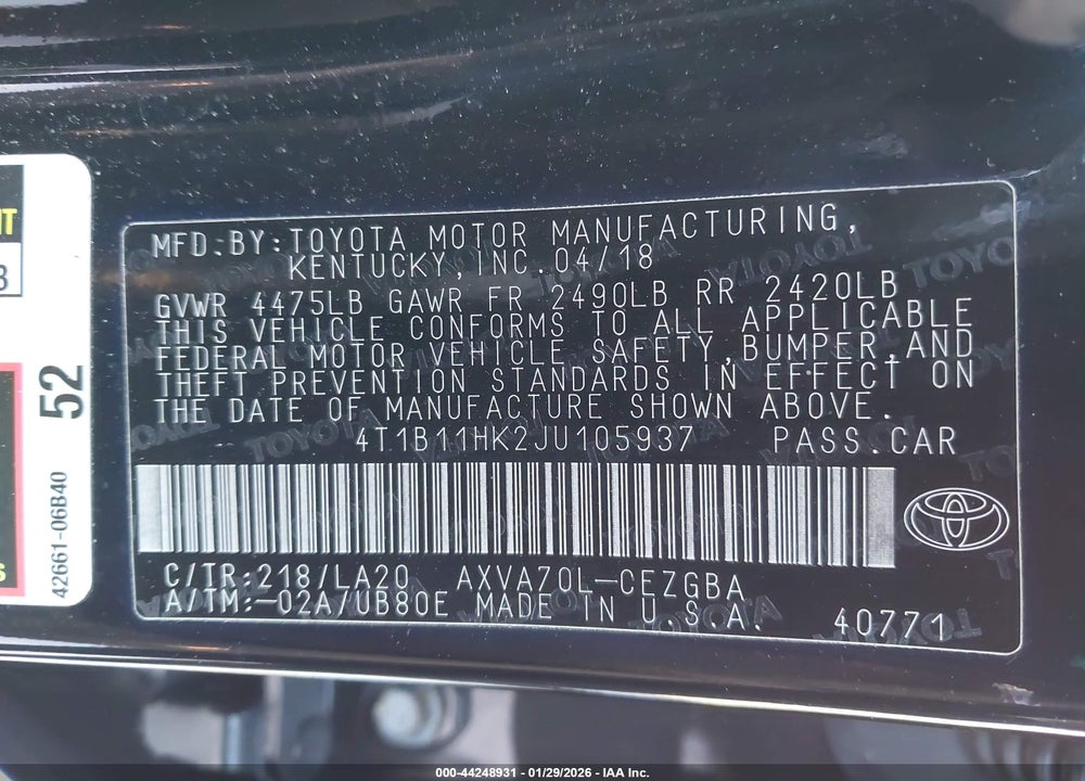 2018 TOYOTA CAMRY XLE VIN: 4T1B11HK2JU105937