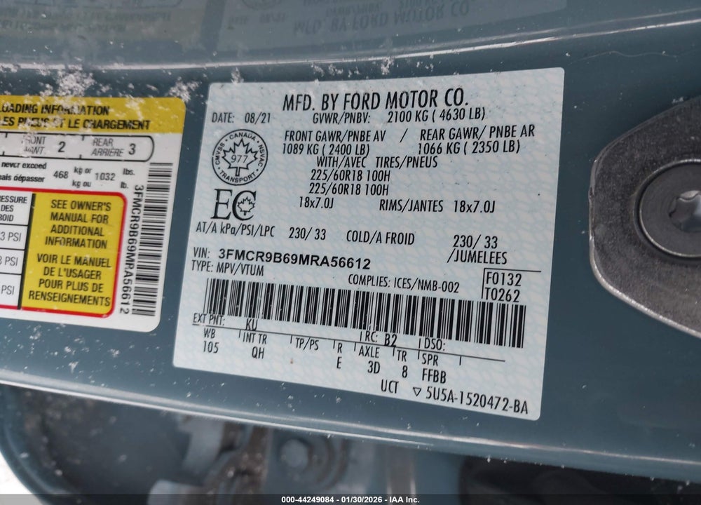 2021 FORD BRONCO SPORT BIG BEND VIN: 3FMCR9B69MRA56612