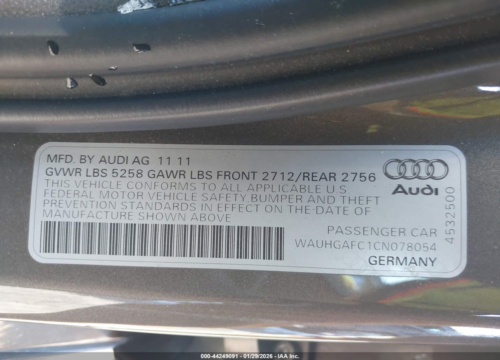2012 AUDI A6 3.0 PREMIUM VIN: WAUHGAFC1CN078054