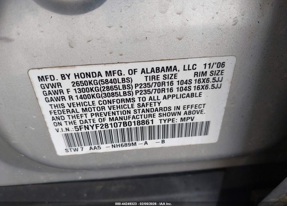 2007 HONDA PILOT LX VIN: 5FNYF28107B018861