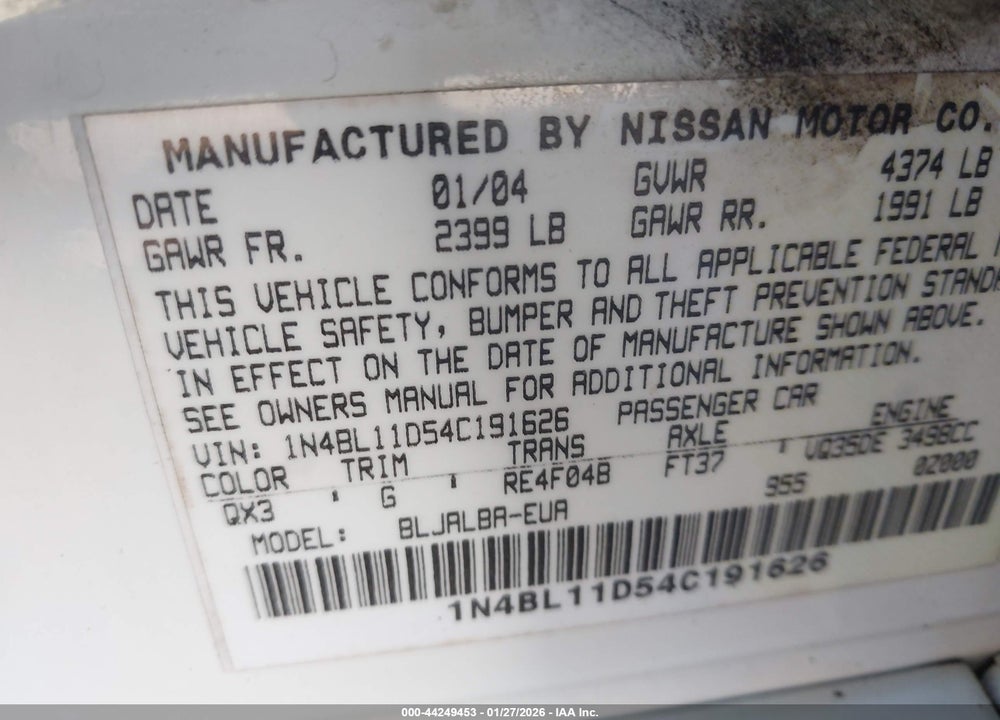 2004 NISSAN ALTIMA 3.5 SE VIN: 1N4BL11D54C191626