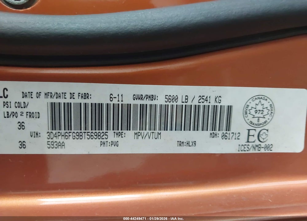 2011 DODGE JOURNEY R/T VIN: 3D4PH6FG9BT569825