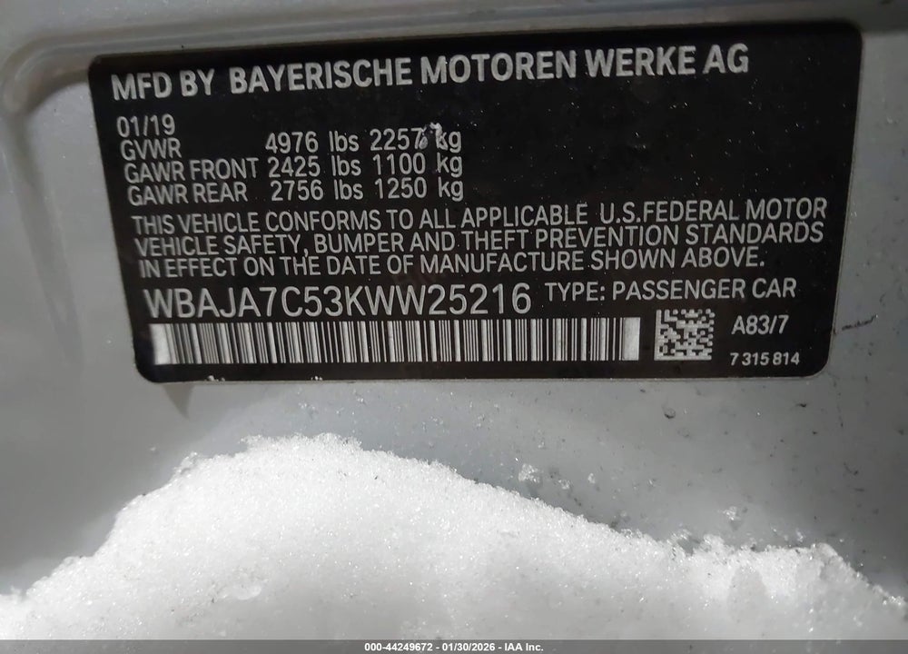 2019 BMW 530I XDRIVE VIN: WBAJA7C53KWW25216
