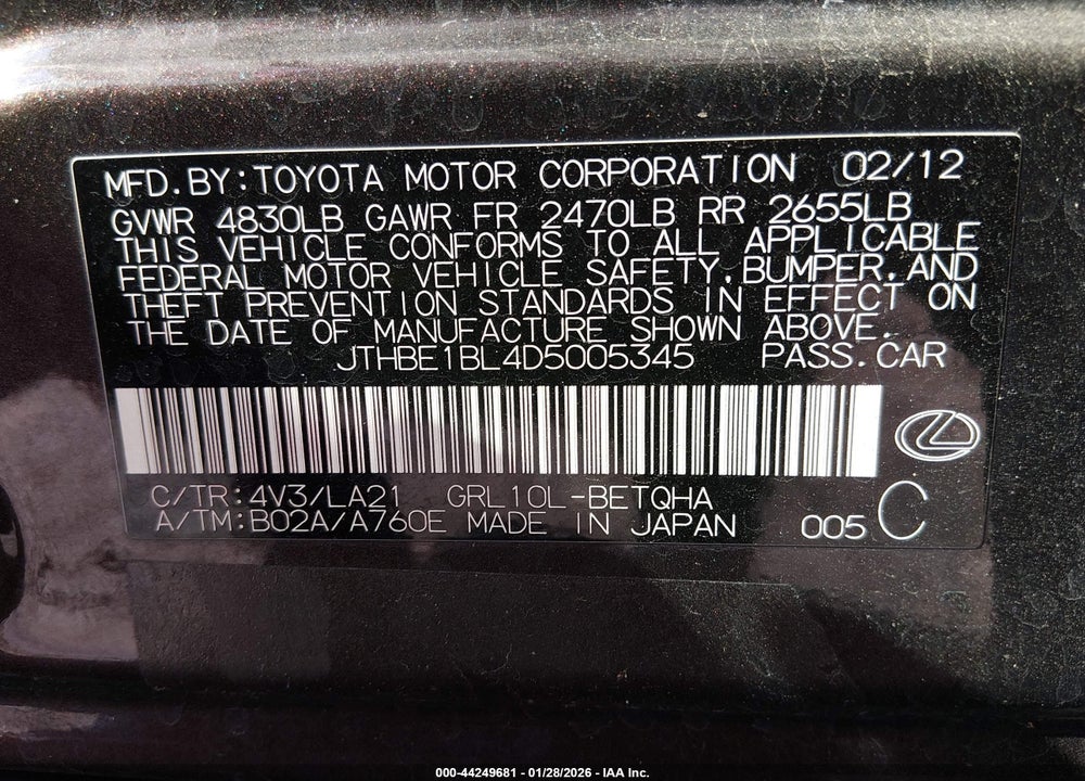 2013 LEXUS GS 350 VIN: JTHBE1BL4D5005345