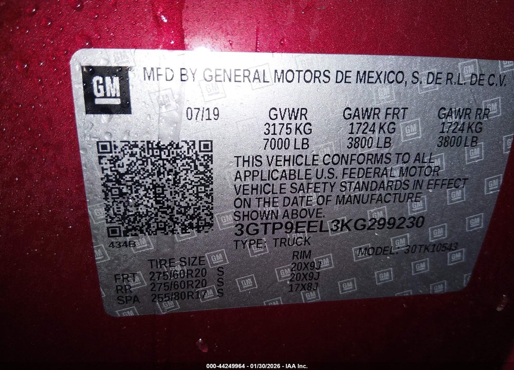 2019 GMC SIERRA 1500 AT4 VIN: 3GTP9EEL3KG299230