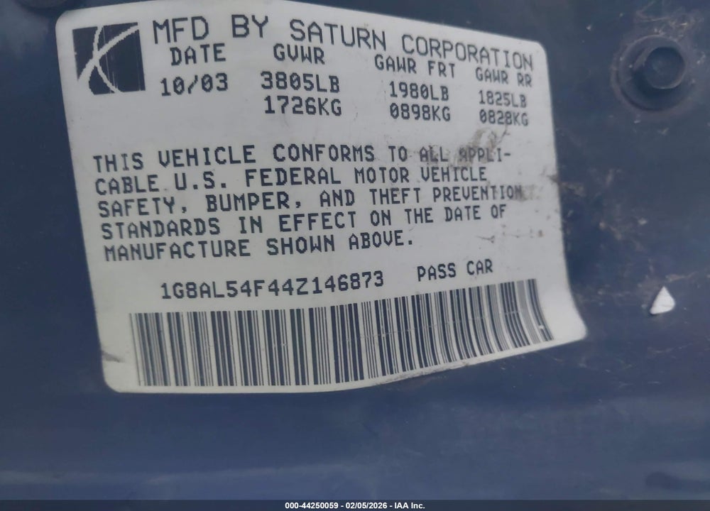 2004 SATURN ION 3 VIN: 1G8AL54F44Z146873