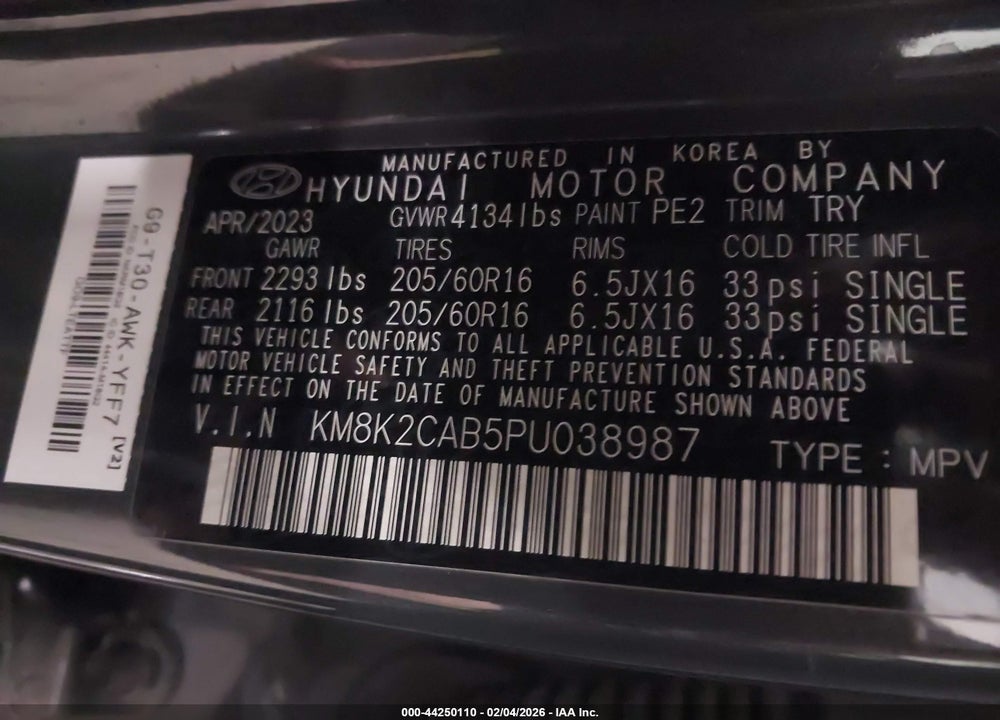 2023 HYUNDAI KONA SE VIN: KM8K2CAB5PU038987