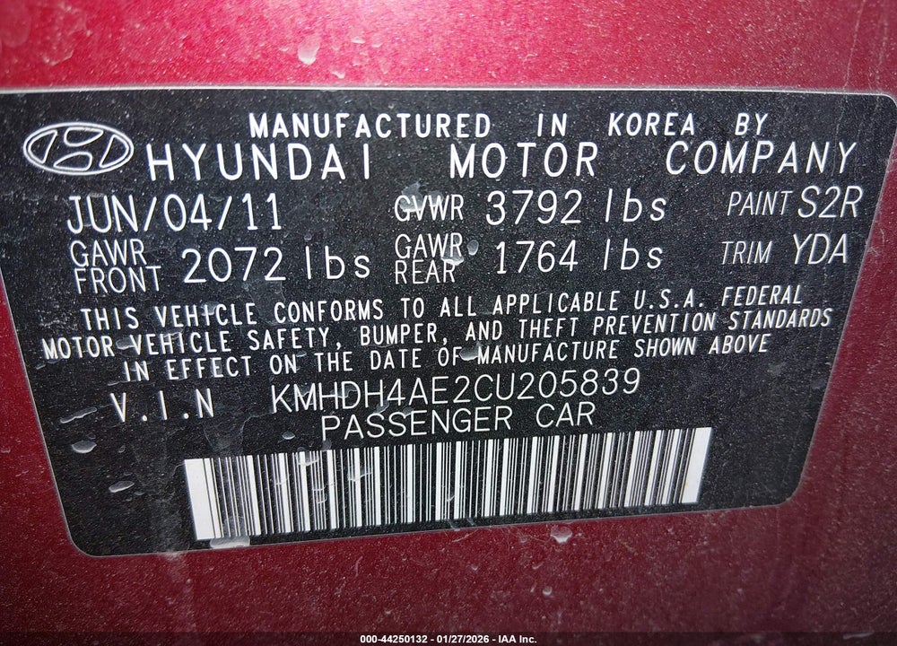 2012 HYUNDAI ELANTRA GLS (ULSAN PLANT) VIN: KMHDH4AE2CU205839