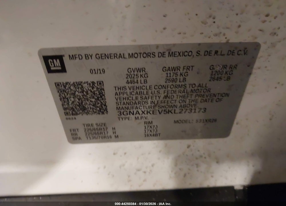 2019 CHEVROLET EQUINOX LT VIN: 3GNAXKEV5KL273173