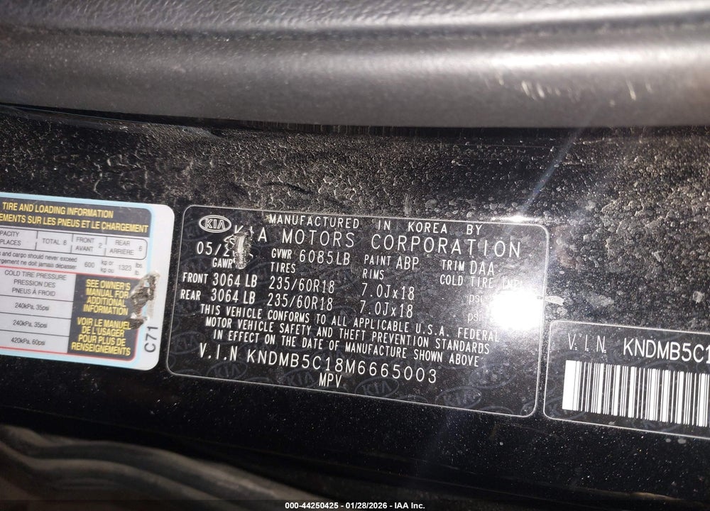 2021 KIA SEDONA EX VIN: KNDMB5C18M6665003