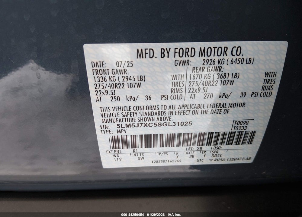 2025 LINCOLN AVIATOR RESERVE VIN: 5LM5J7XC5SGL31025