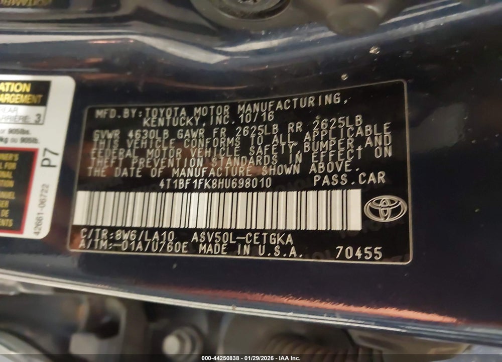 2017 TOYOTA CAMRY XLE VIN: 4T1BF1FK8HU698010