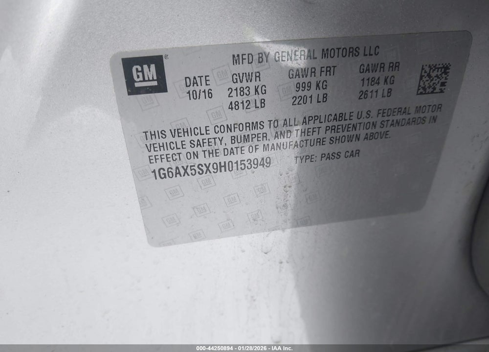 2017 CADILLAC CTS LUXURY VIN: 1G6AX5SX9H0153949